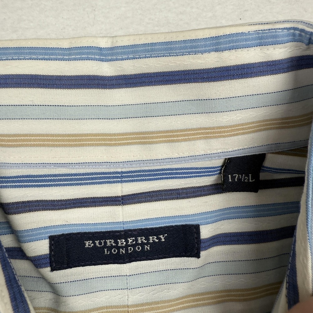 Burberry London Shirt Mens 17.5 Blue Stripe Button Down Made USA Long Sleeve - Picture 2 of 8